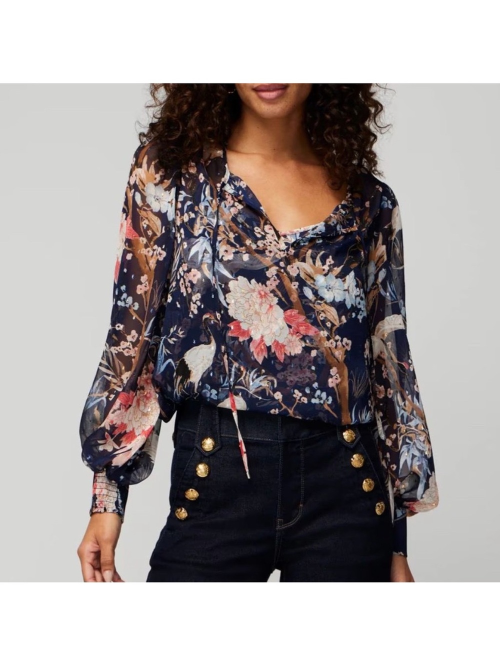 WHBM Navy Floral Sheer Metallic Tie Neck Blouse (NWT) Large